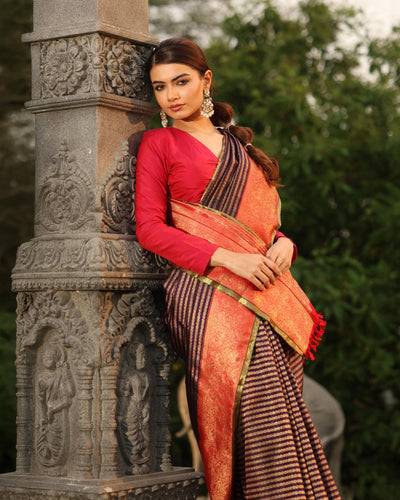 Navy Blue And Red Kanjivaram Silk Saree - S1276(B)