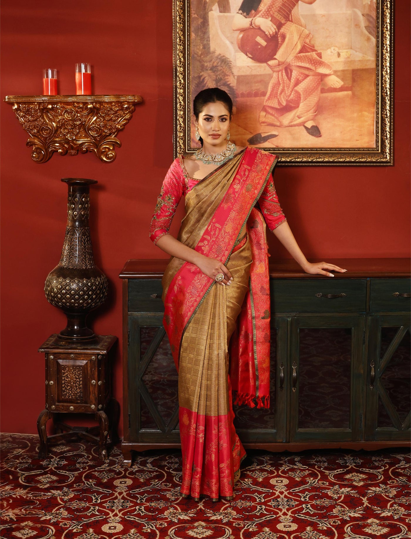 Pastel Brown and Rani Pink Pure Zari Kanjivaram Silk Saree - P166(A)