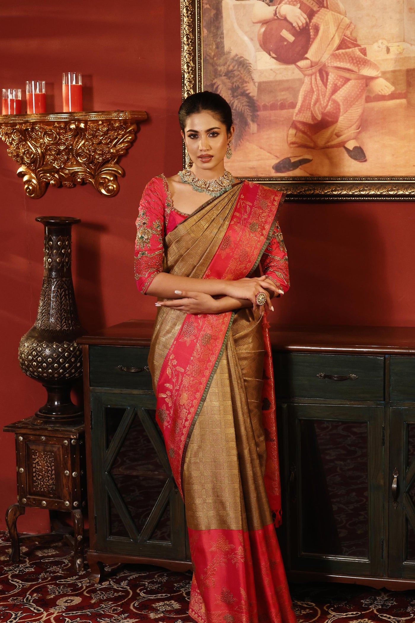 Pastel Brown and Rani Pink Pure Zari Kanjivaram Silk Saree - P166(A)