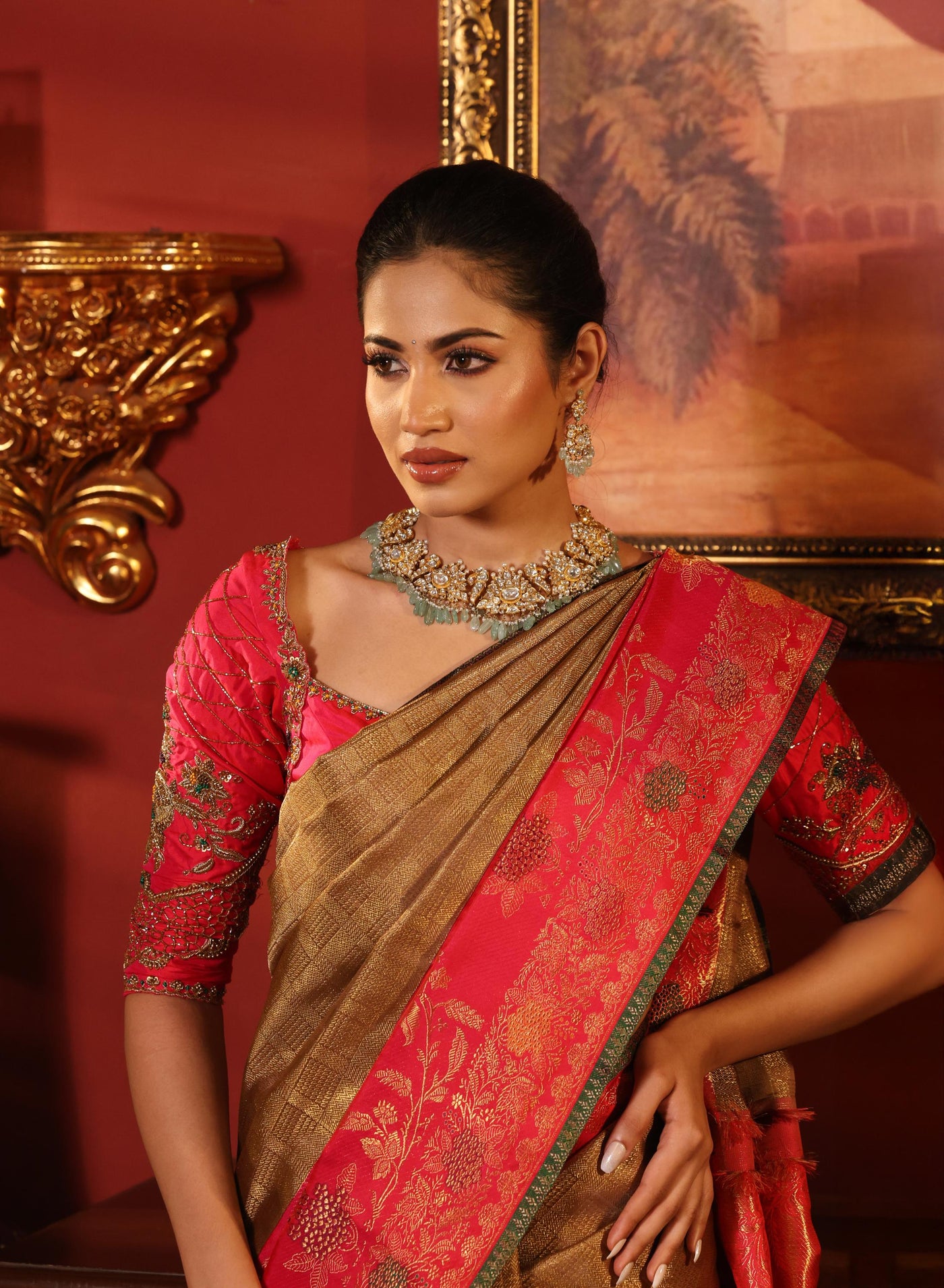 Pastel Brown and Rani Pink Pure Zari Kanjivaram Silk Saree - P166(A)