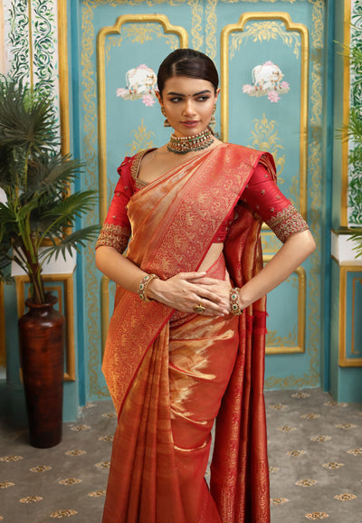 Red Shimmer Organza Kanjivaram Silk Saree - S1347(B)