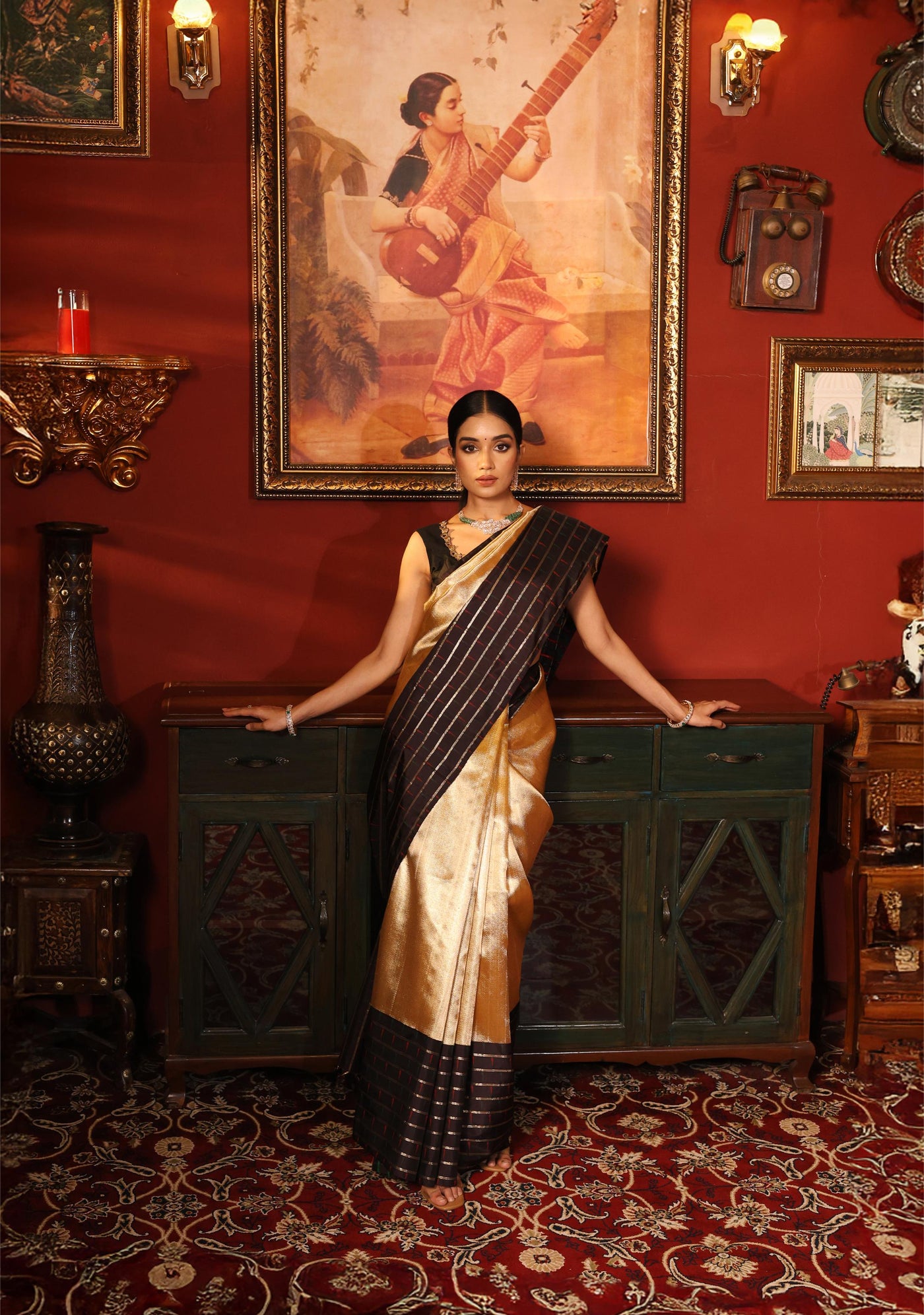 Gold And Black Shimmer Organza Kanjivaram Silk Saree with Paithani Border - S1354(A)