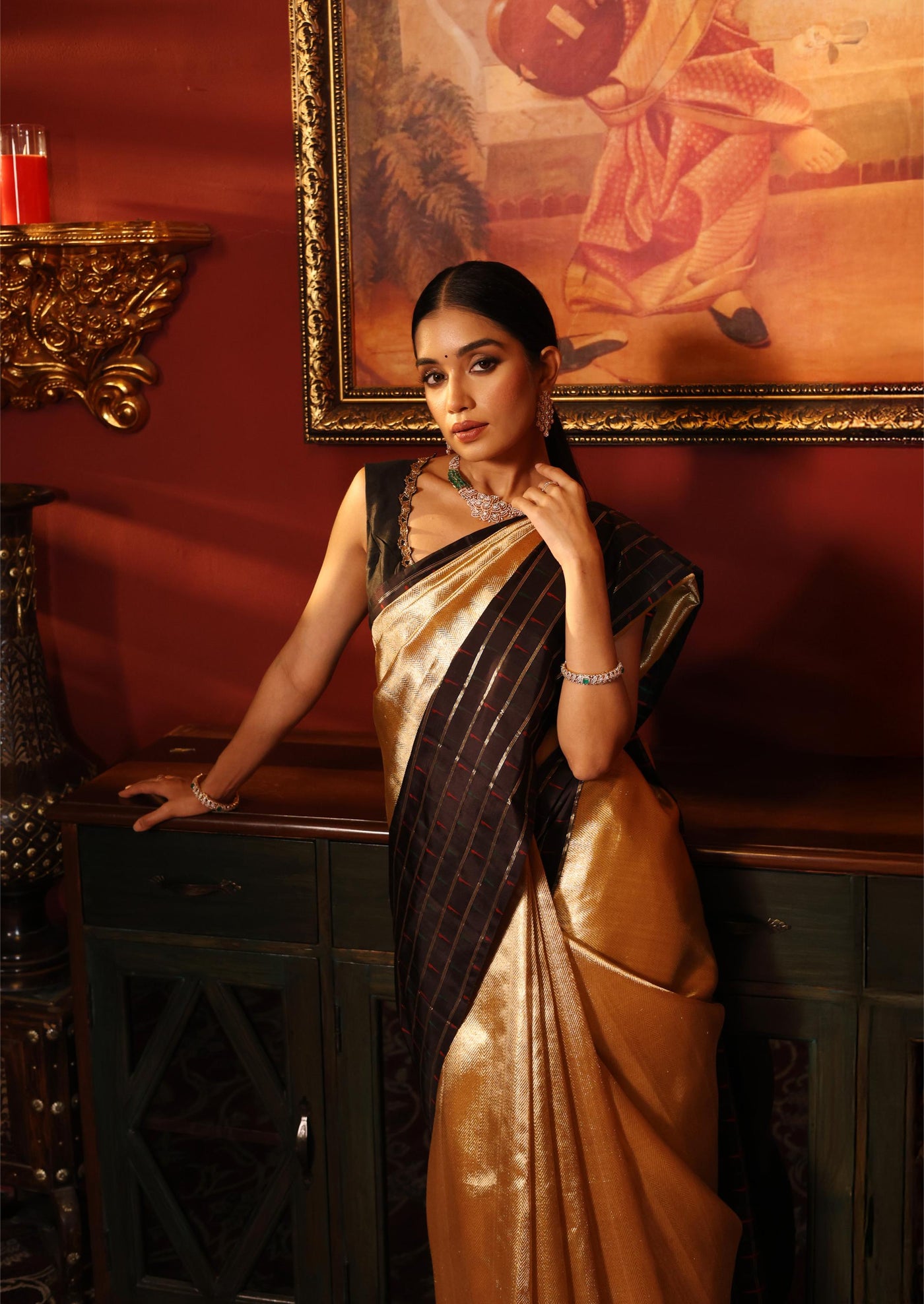 Gold And Black Shimmer Organza Kanjivaram Silk Saree with Paithani Border - S1354(A)