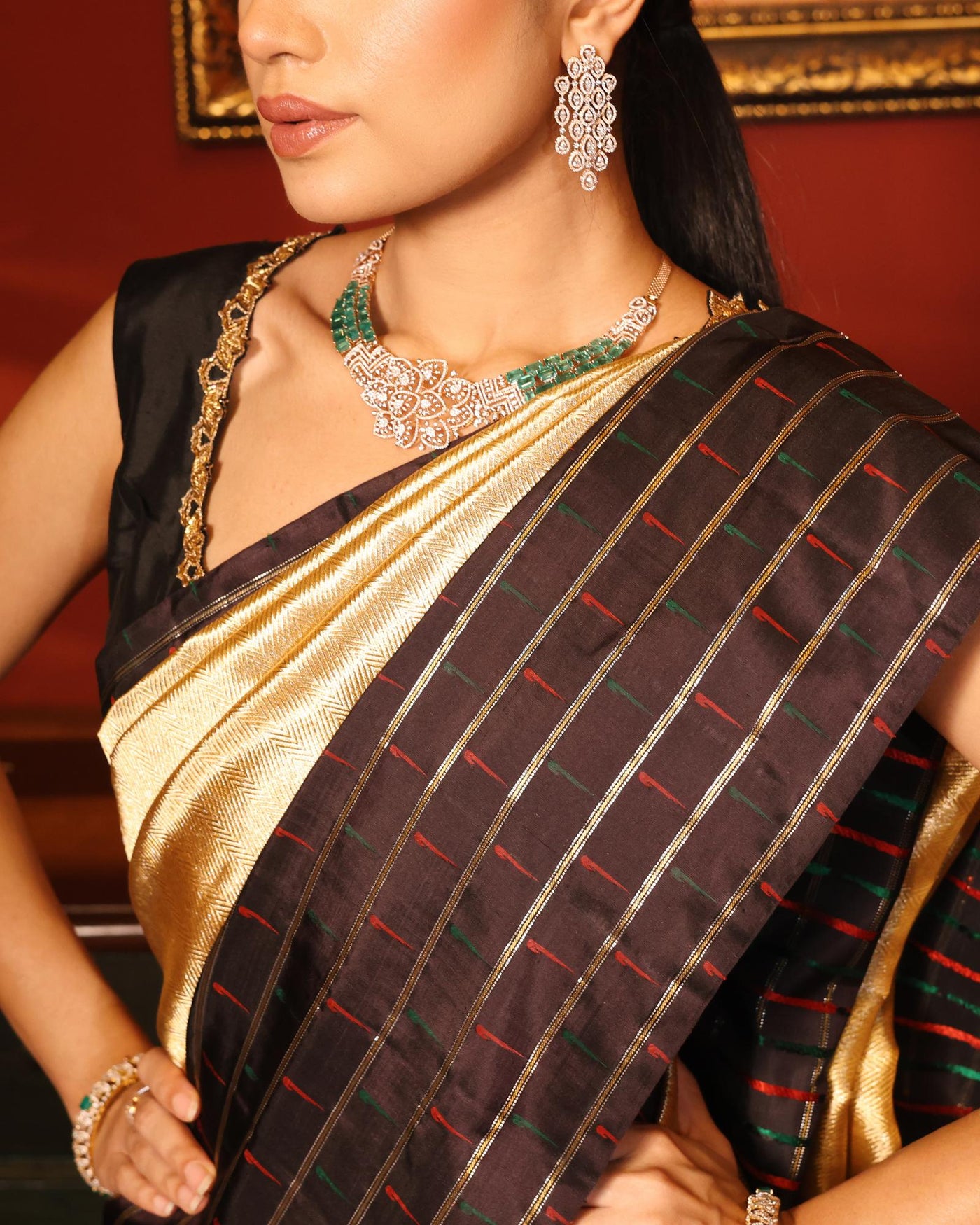 Gold And Black Shimmer Organza Kanjivaram Silk Saree with Paithani Border - S1354(A)