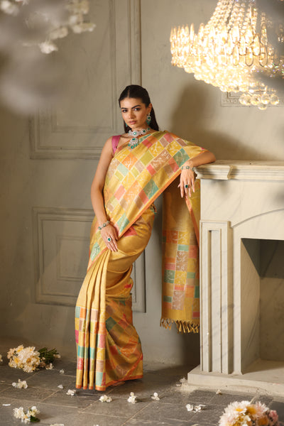 Chartreuse Yellow And Multicoloured Pure Zari Kanjivaram Silk Saree - P165(A)