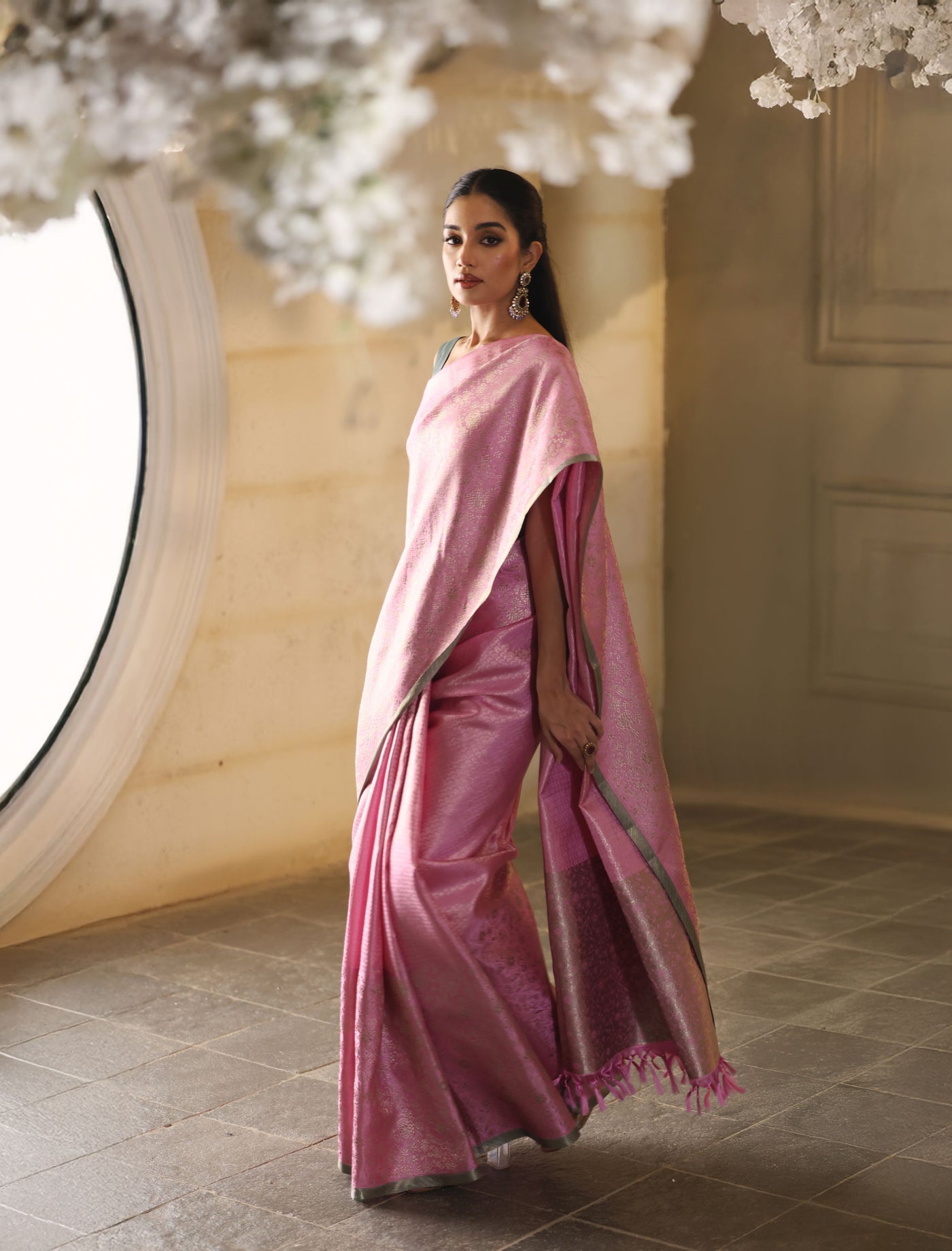 Pastel Rose Pink Pure Zari Kanjivaram Silk Saree - P161(A)