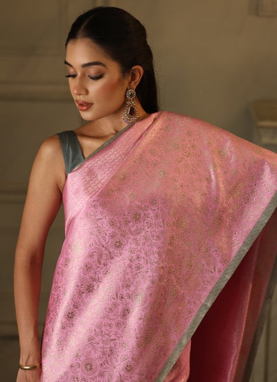 Pastel Rose Pink Pure Zari Kanjivaram Silk Saree - P161(A)