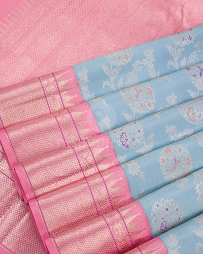 Baby Blue & Baby Pink Kanjivaram Silk Saree - S1050(B) - View 3