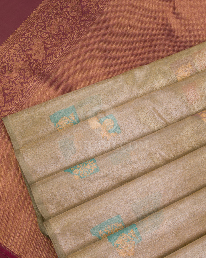 Mild Gold & Pink Organza Kanjivaram Silk Saree - S1081(A) - View 4