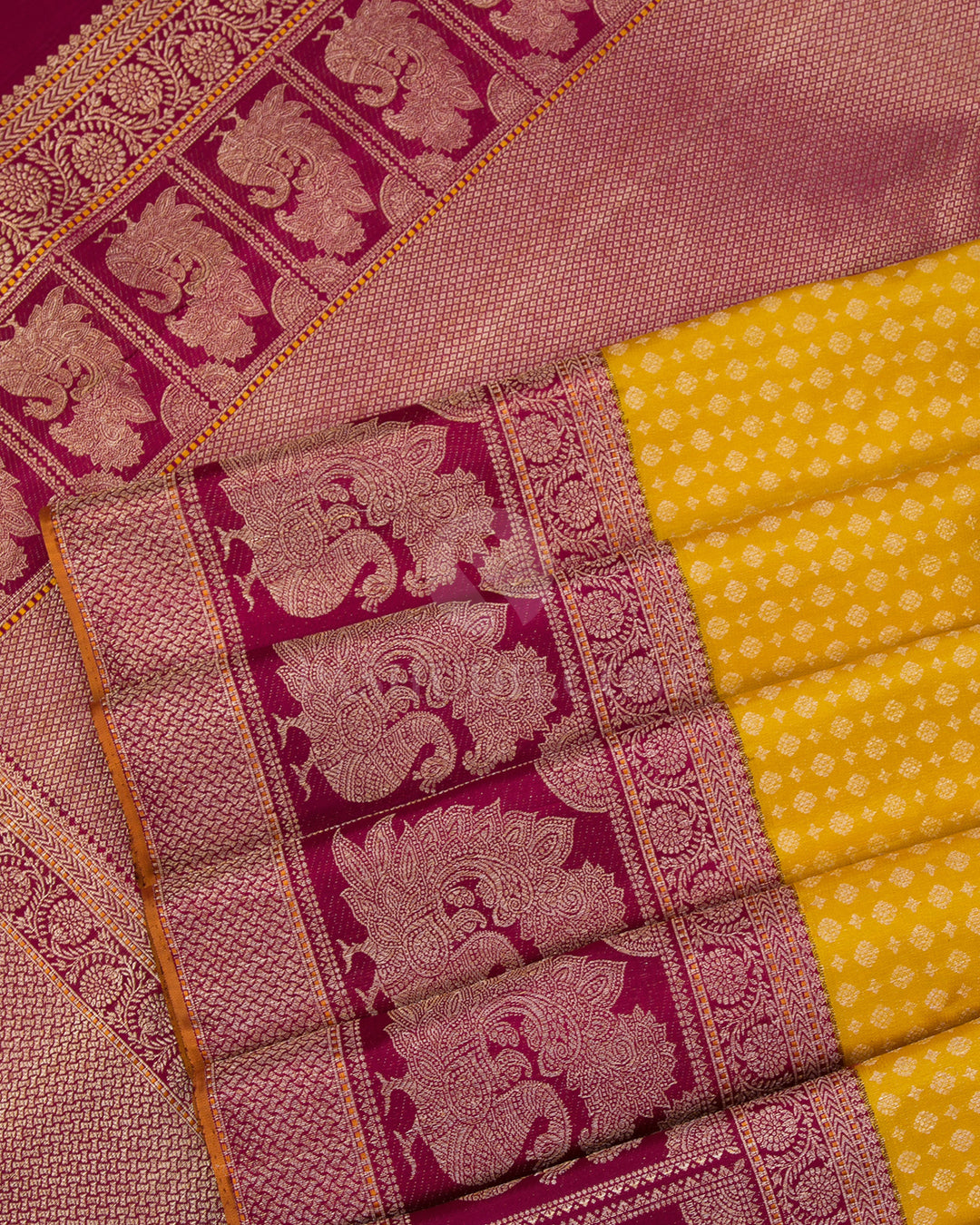 Mustard & Maroon Pure Zari Kanjivaram Silk Saree - S836