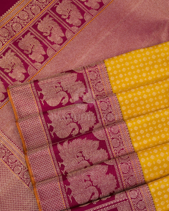 Mustard & Maroon Pure Zari Kanjivaram Silk Saree - S836