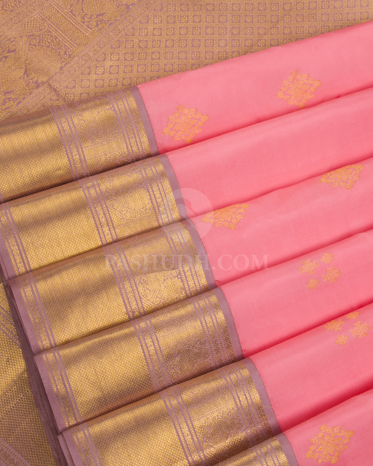 Peachy Pink & Grey Kanjivaram Silk Saree - D12 - View  3