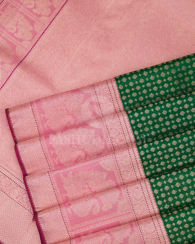 Emerald Green and Baby Pink Pure Zari Kanjivaram Silk Saree - S709 - View 5