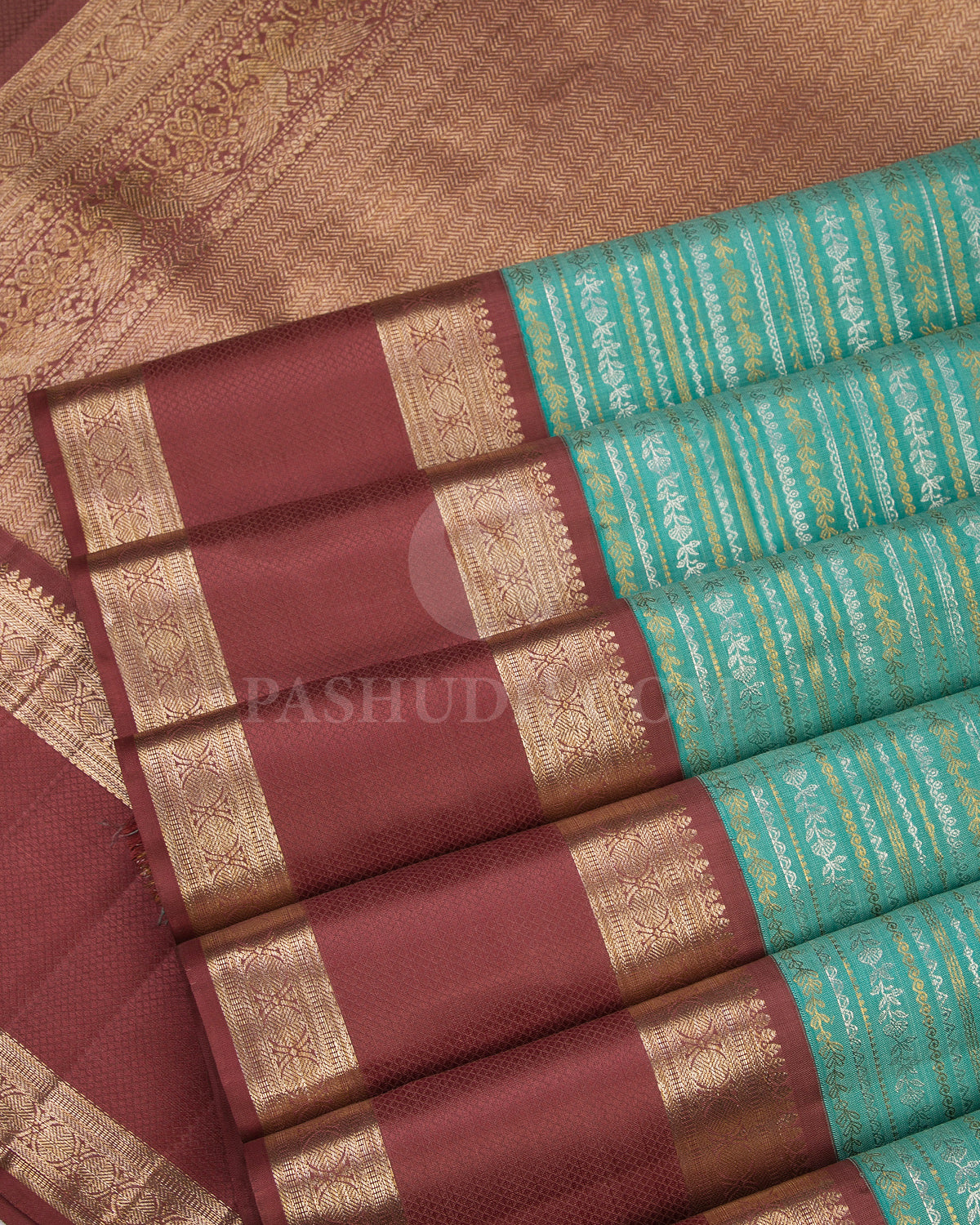 Mild Chocolate Brown and Sky Blue Kanjivaram Silk Saree - S701- View 5