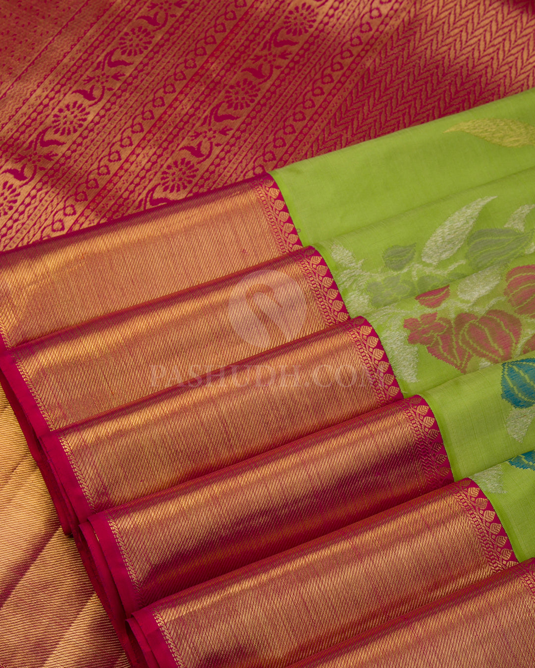 Light Green & Rani Pink Pure Zari Kanjivaram Silk Saree - P130 - View 4