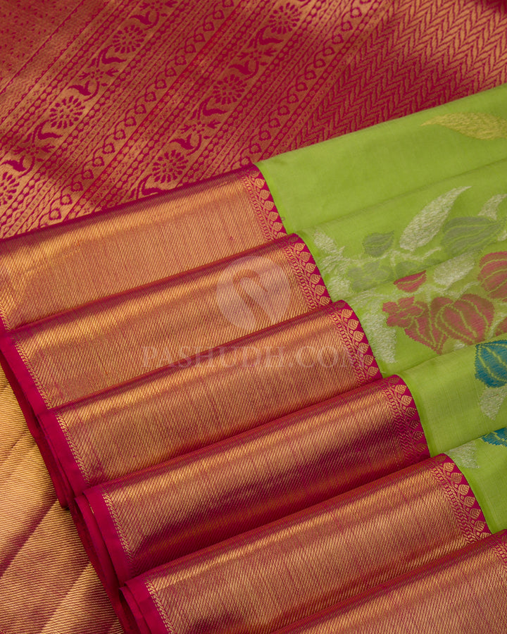 Light Green & Rani Pink Pure Zari Kanjivaram Silk Saree - P130 - View 4