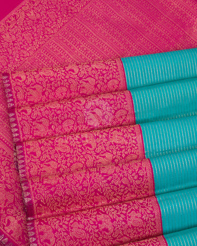 Dark Sky Blue And Rani Pink Kanjivaram Silk Saree - S1155(A) - View 4