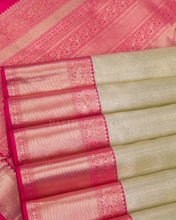 Mild Green And Rouge Pink Organza Kanjivaram Silk Saree - S1156(A) - View 4