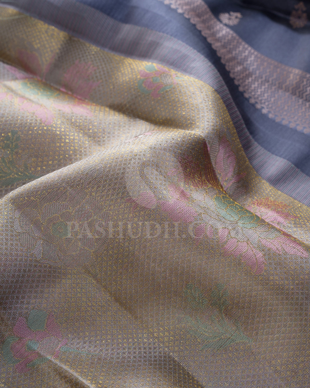 Steel Grey,Peach With Iron Grey Kanjivaram Silk Saree-DJ445(A)