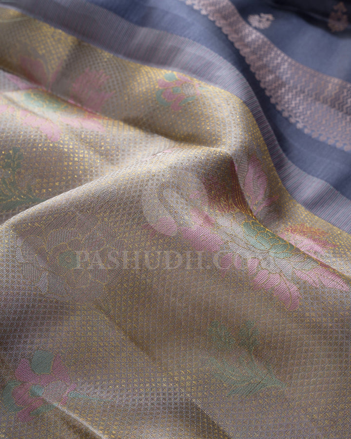 Steel Grey,Peach With Iron Grey Kanjivaram Silk Saree-DJ445(A)