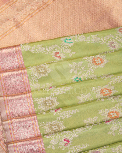 Parrot Green And Baby Pink Pure Zari Kanjivaram Silk Saree - P157(A) - View 4