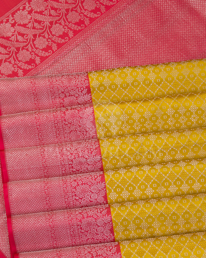 Daisy Yellow and Crimson Red Kanjivaram Silk Saree - DT251(F)