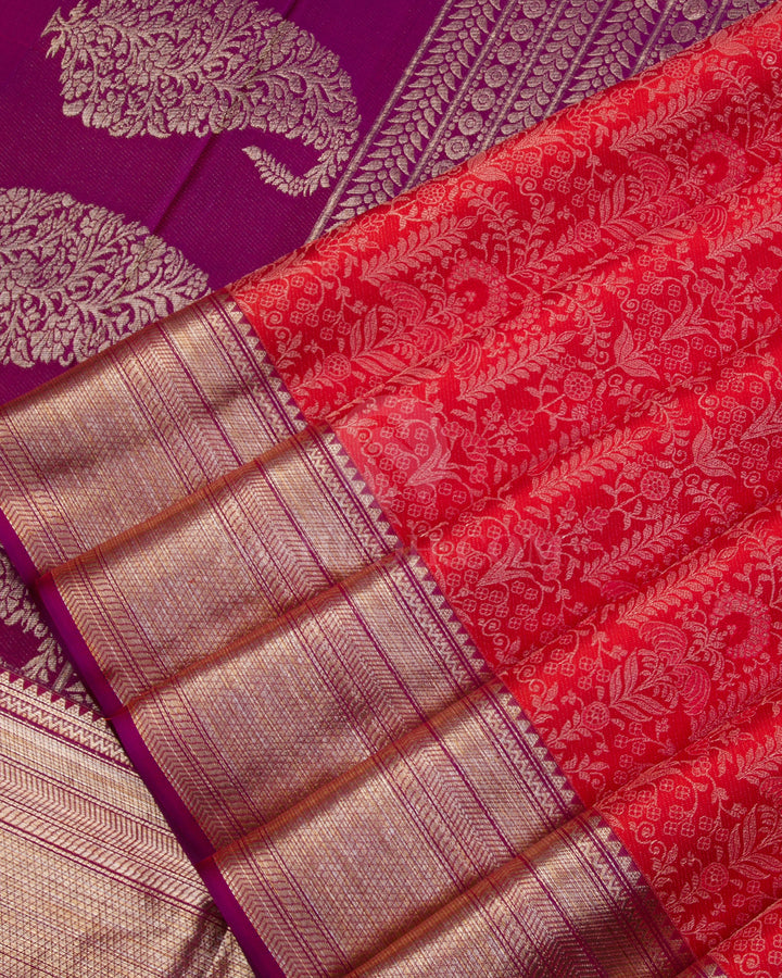 Sunset Orange & Dark Magenta Kanjivaram Silk Saree - D516(A) - View 3
