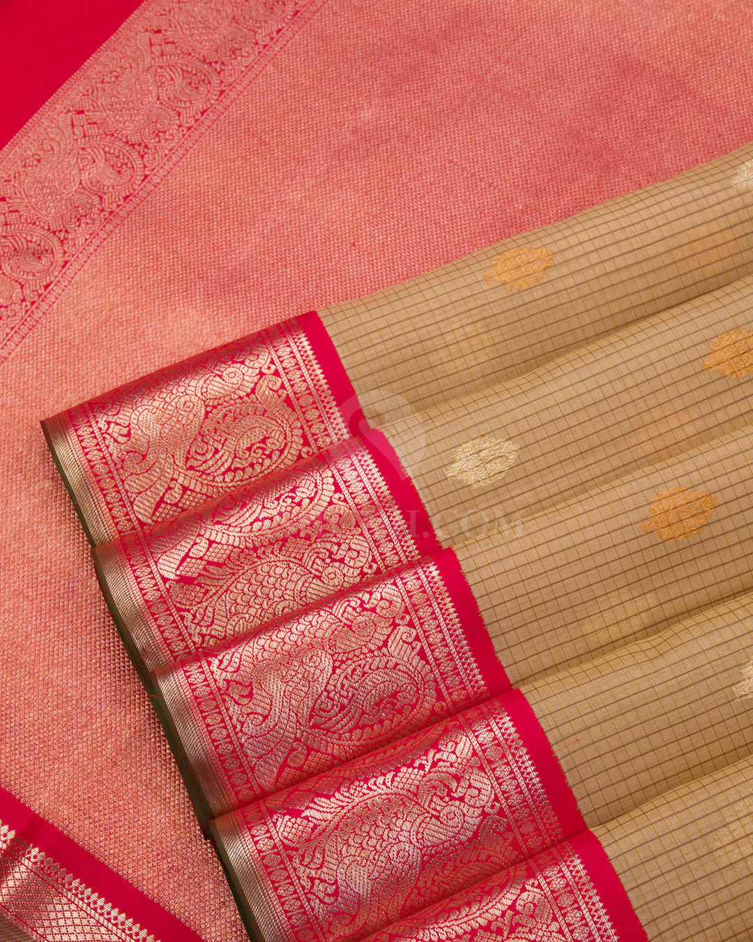 Light Khaki and Red  Zari Kanjivaram Silk Saree - S846 - View 5