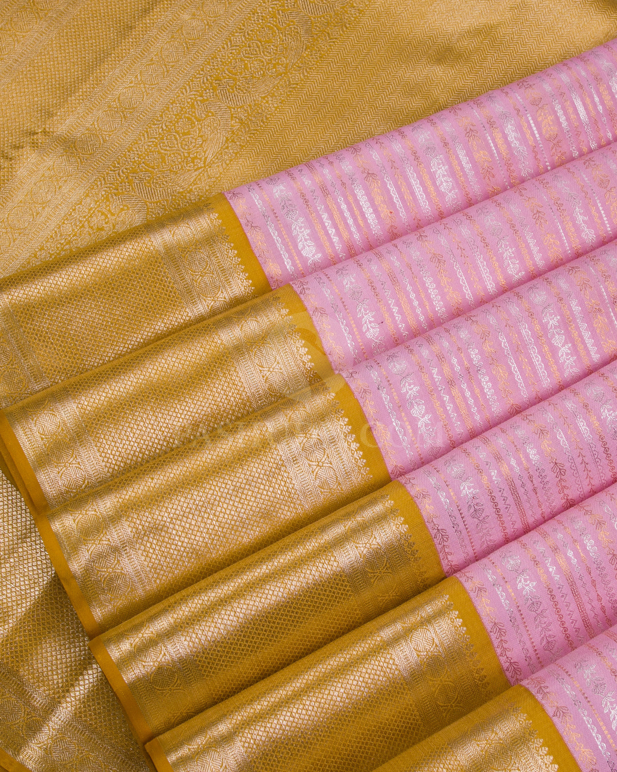 Baby Pink & Tuscany Yellow Kanjivaram Silk Saree - S1016(B) - View 4