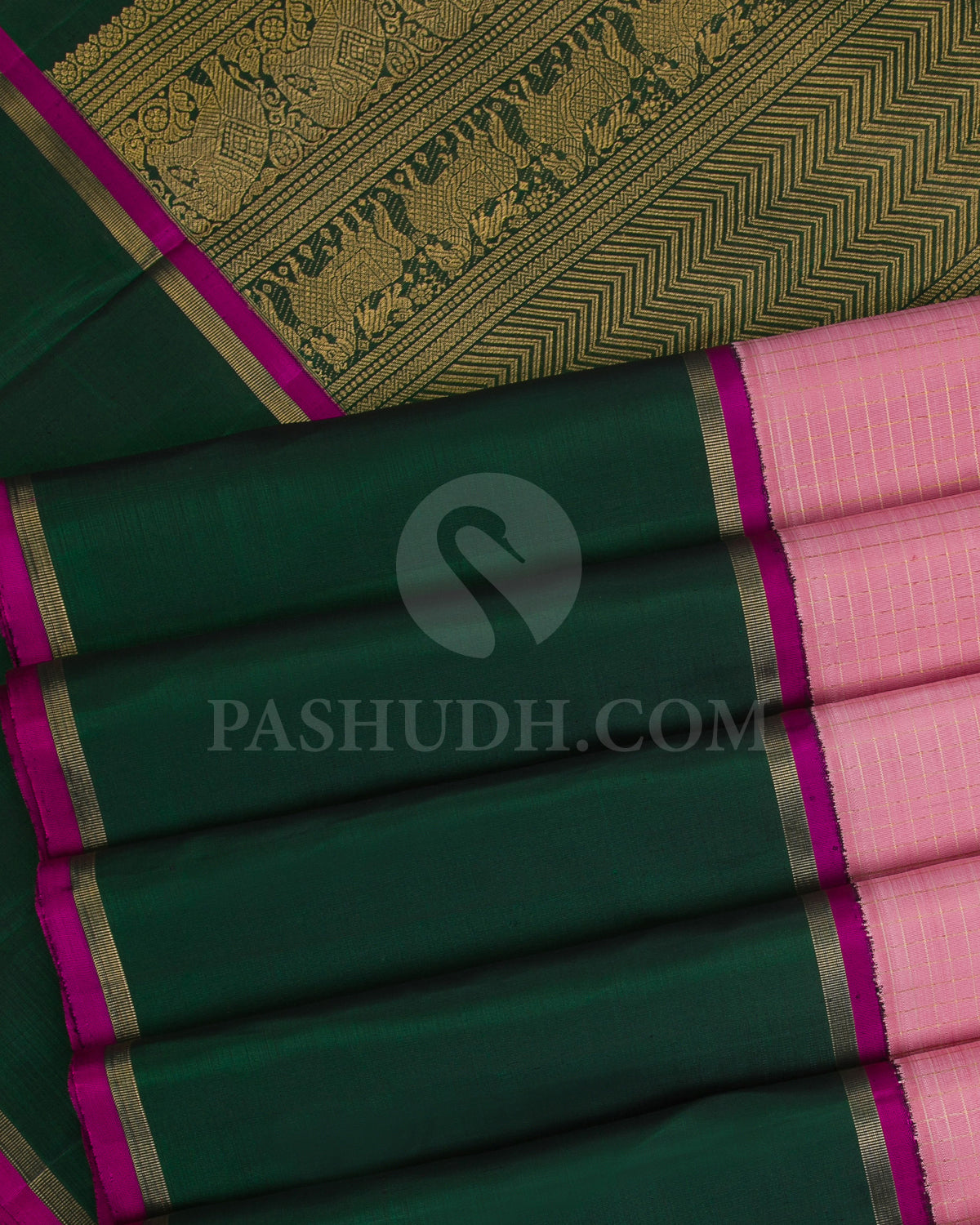 Baby Pink and Bottle Green Kanjivaram Silk Saree