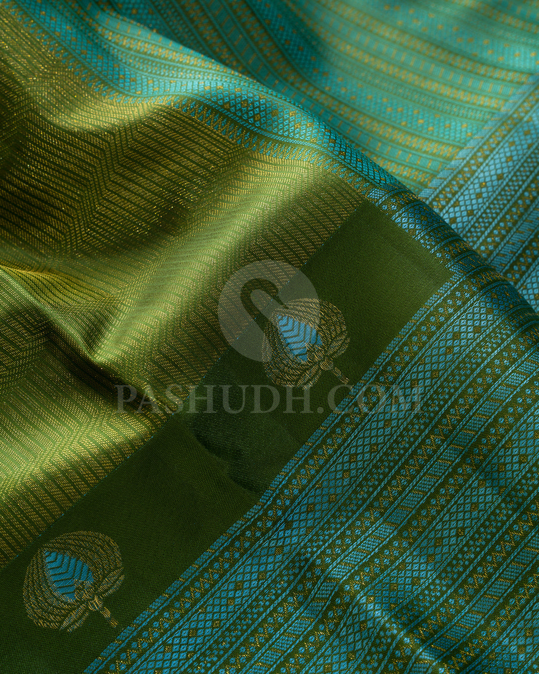 Moss Green With Powder Blue Kanjivaram Silk Saree-D631(F)
