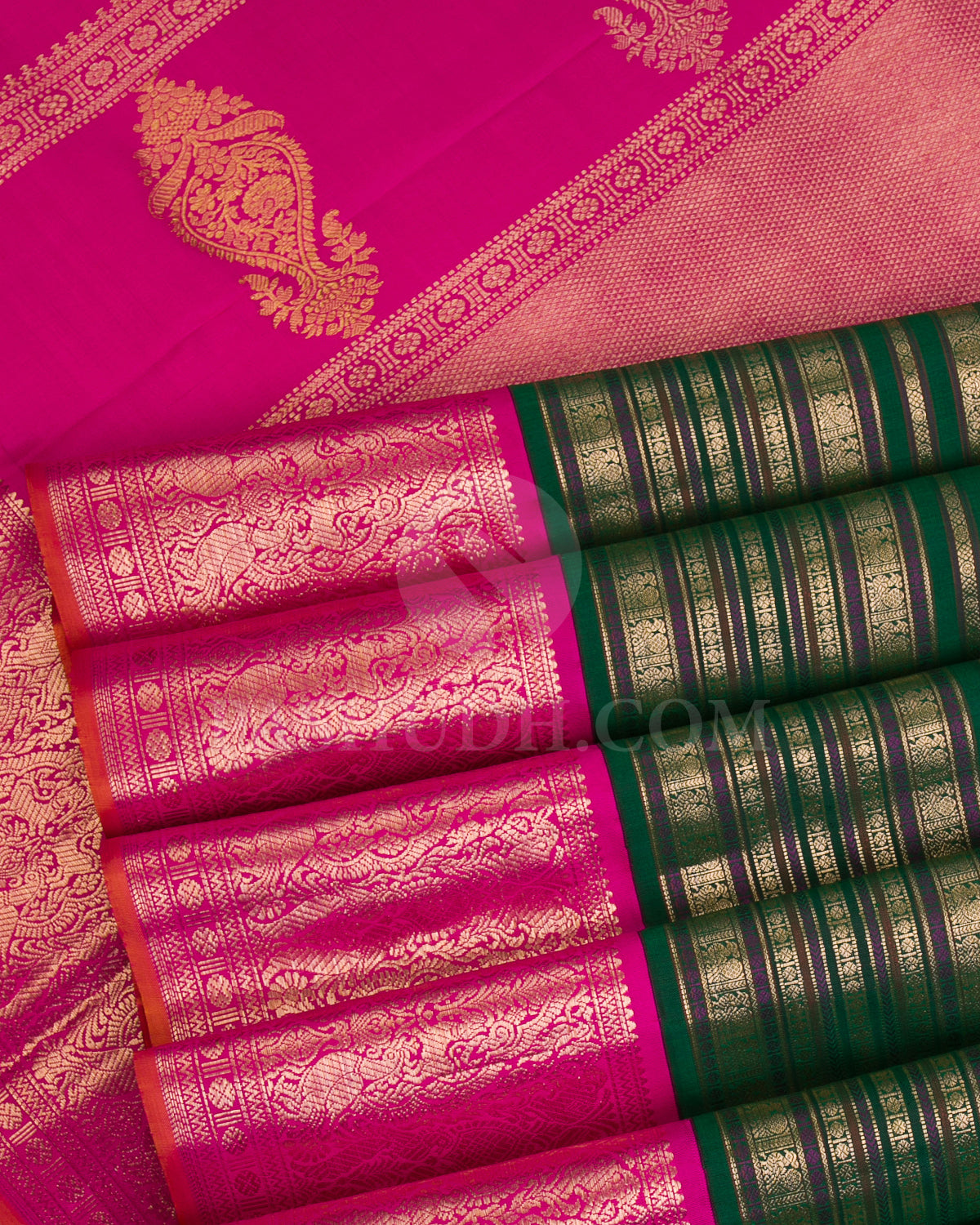 Bottle Green And Rani Pink Kanjivaram Silk Saree - S1203(A)