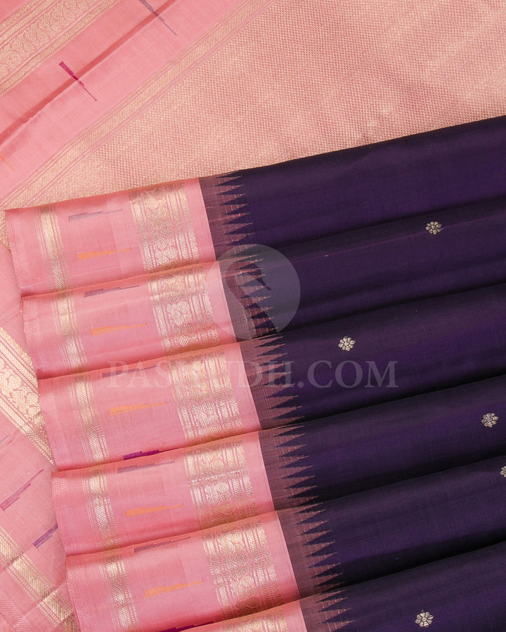 Purple And Baby Pink Kanjivaram Silk Saree with Paithani Border - S1161(A) - View 4