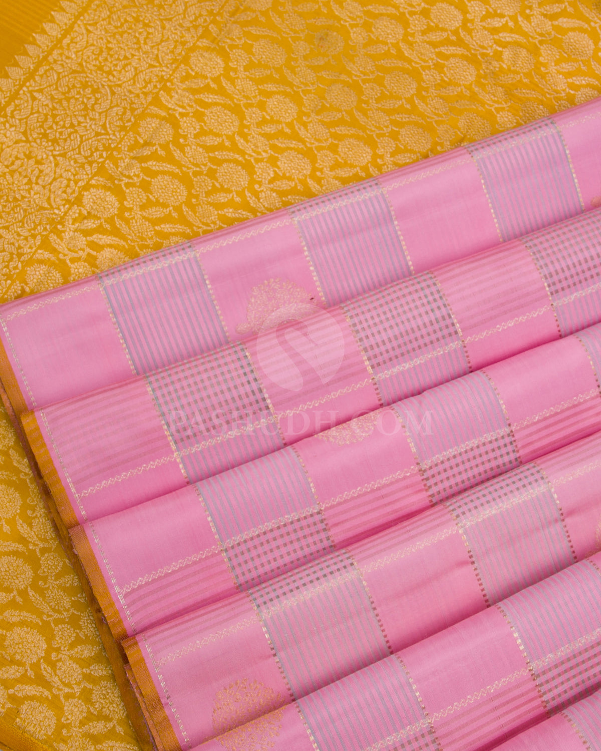 Baby Pink & Yellow Kanjivaram Silk Saree - S1069(B) - View 3