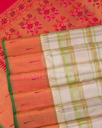 Grey , Green and Red Kanjivaram Silk Saree - P143(C)