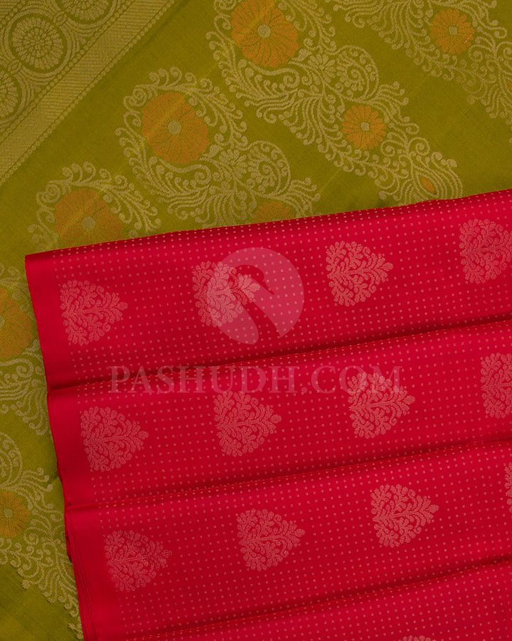 Red And Mehendi Green Soft Silk Saree - C23