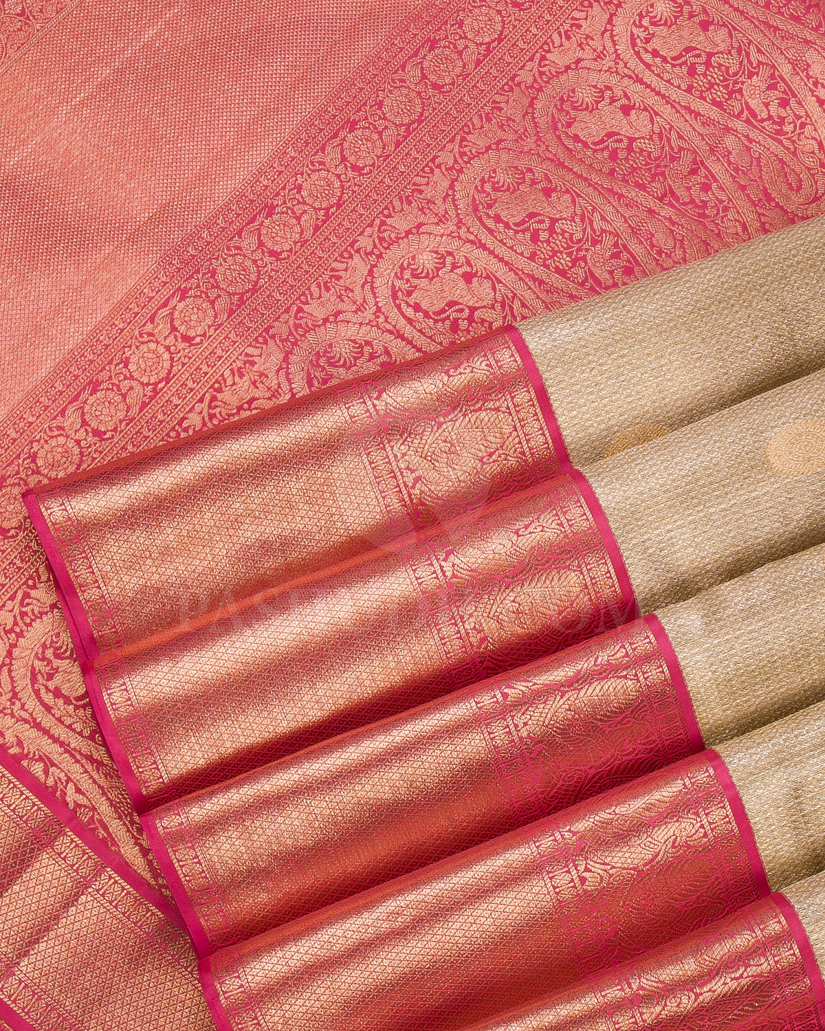 Silver Gold And Taffy Pink Organza Kanjivaram Silk Saree -S1255(A)