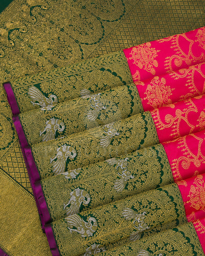 Candy Pink And Forest Green Kanjivaram Silk Saree - S1048(F)