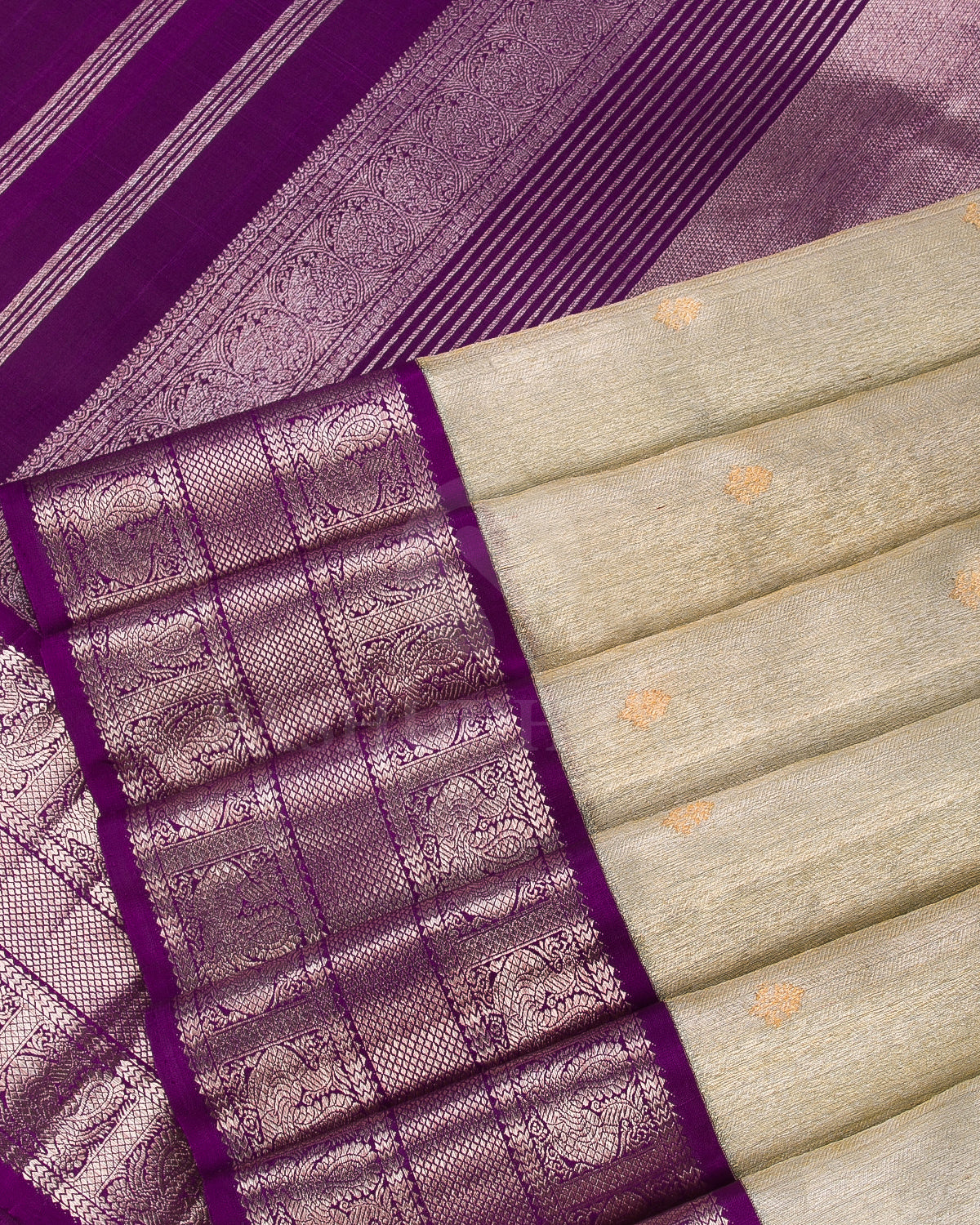 Cream And Violet Organza Kanjivaram Silk Saree - S1235(A)