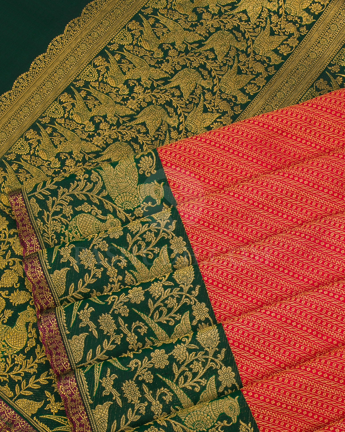 Sunset Red And Bottloe Green Kanjivaram Silk Saree - S1247(A)