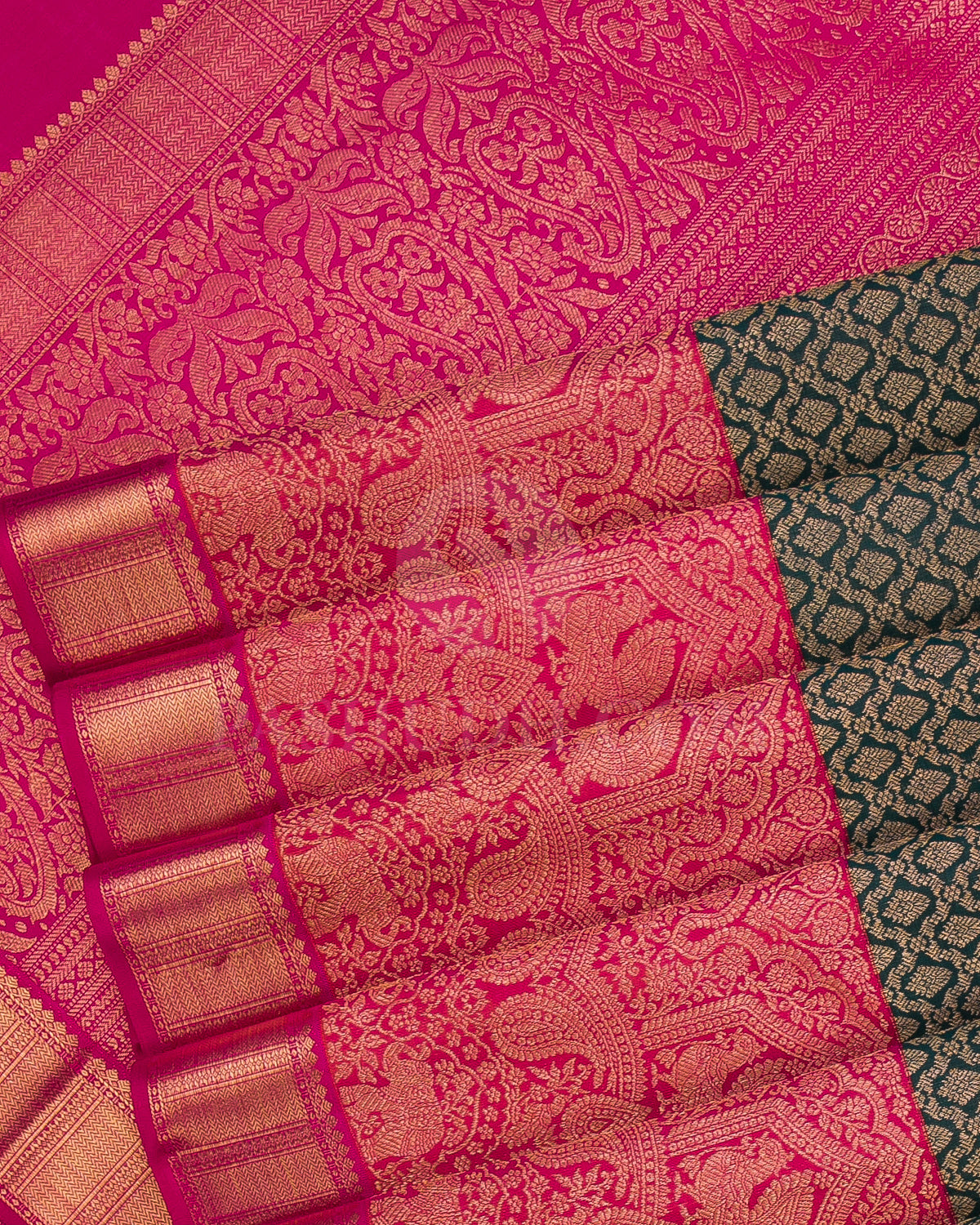 Deep Teal Green, Watermelon Pink And Rani Pink Kanjivaram Silk Saree - S1262(A)