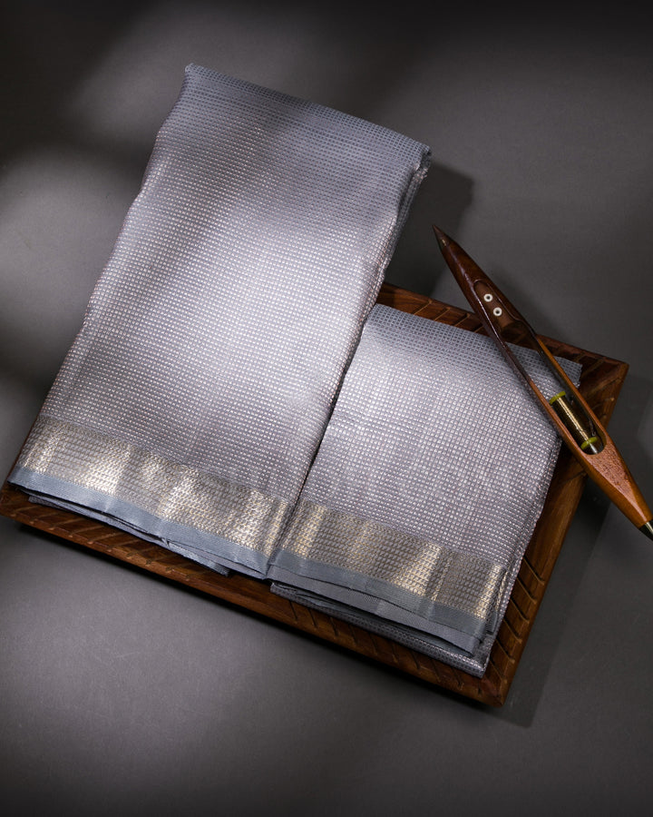 Grey Pure Kanjivaram Silk Dhoti and Angavastra - V7