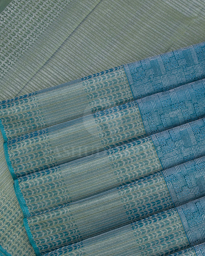 Teal Blue and Sage Green Shot Powder Blue Kanjivaram Silk Saree - D571(A)