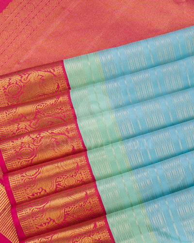 Sky Blue, Pista Green And Punch Pink Kanjivaram Silk Saree - S1222(C)