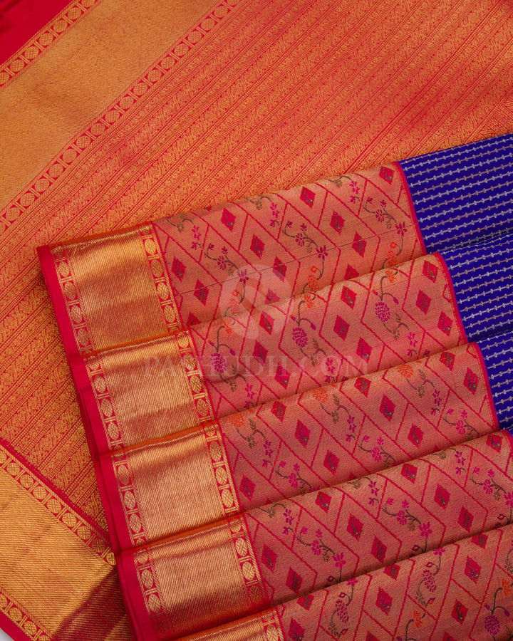 Navy Blue & Red Pure Zari Kanjivaram Silk Saree - P124
