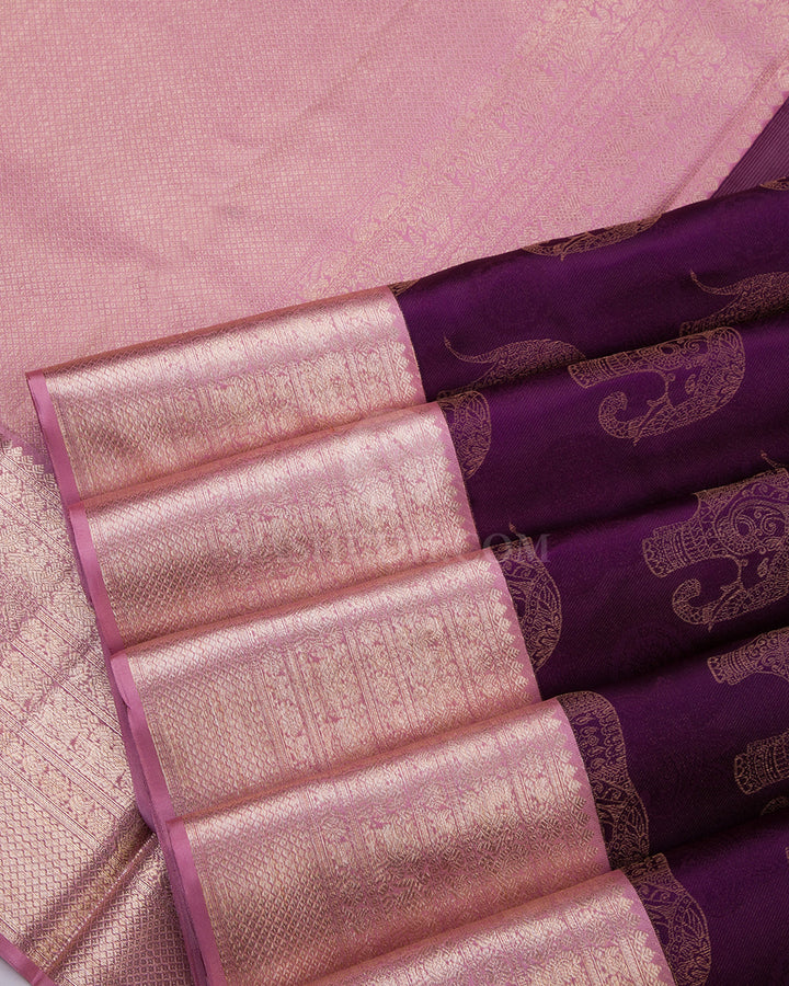 Deep Violet Baby Pink Kanjivaram Silk Saree - D451 - View 4