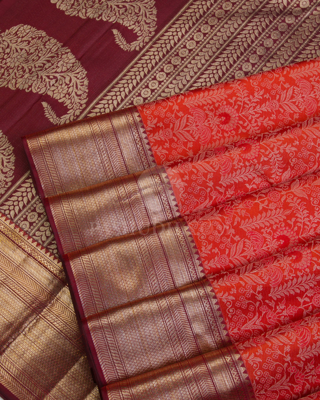 Red and Maroon Kanjivaram Silk Saree -D476