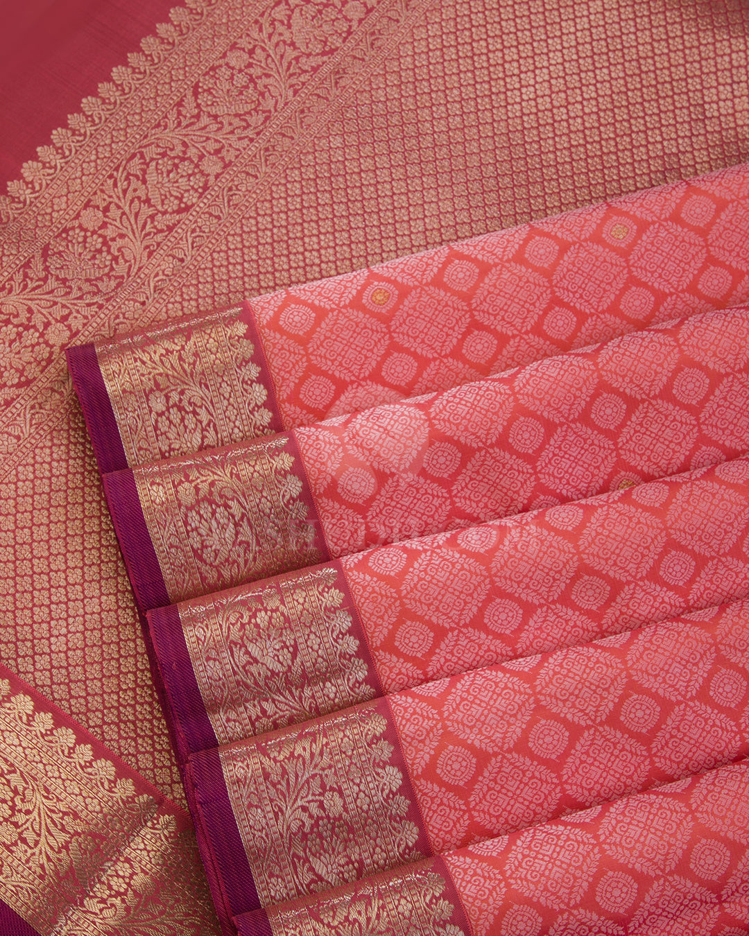Salmon Pink and Maroon Kanjivaram Silk Saree - S919
