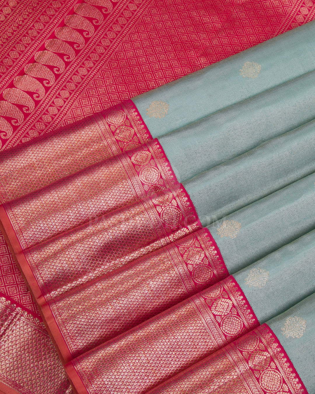 Powder Blue and Pinkish Red Kanjivaram Silk Saree - S1079(A) - View 4