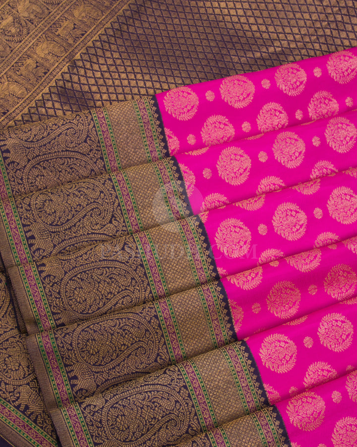 Bright Pink & Navy Blue Kanjivaram Silk Saree - S1071(B) - View 4
